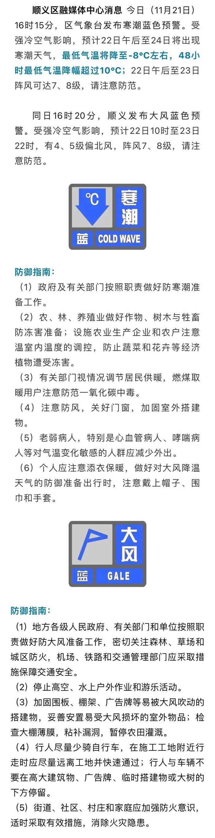 48小时最低气温降幅超过10℃！顺义发布寒潮、大风蓝色预警，请注意防范