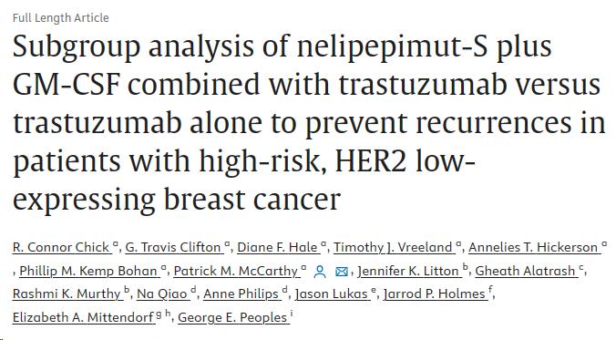 nelipepimut-S 联合 GM-CSF 联合曲妥珠单抗与曲妥珠单抗单药预防高危 HER2 低表达乳腺癌患者复发的亚组分析