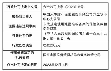 中国人寿财险六盘水市中心支公司被罚20万：未按规定使用经批准或备案保险条款和保险费率