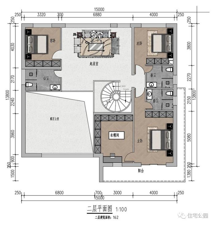 15×13米现代二层别墅，拥有环绕阳台、开放式客厅、50平尊享主卧