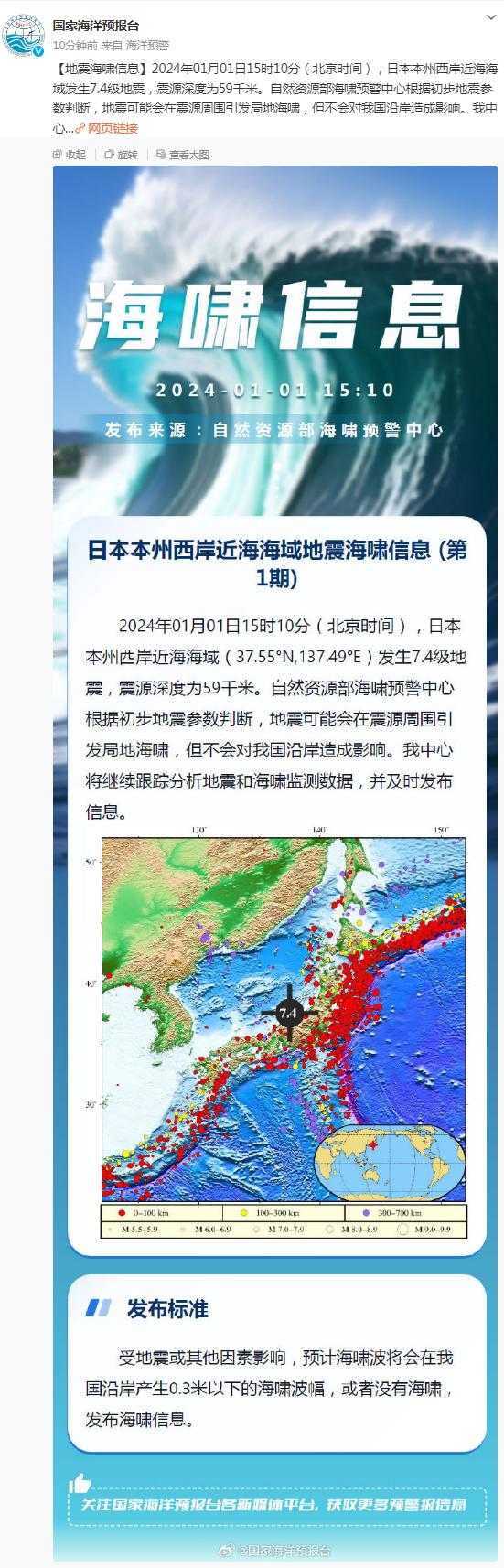 日本近海7.4级地震，对我国沿岸有影响吗？官方通报→