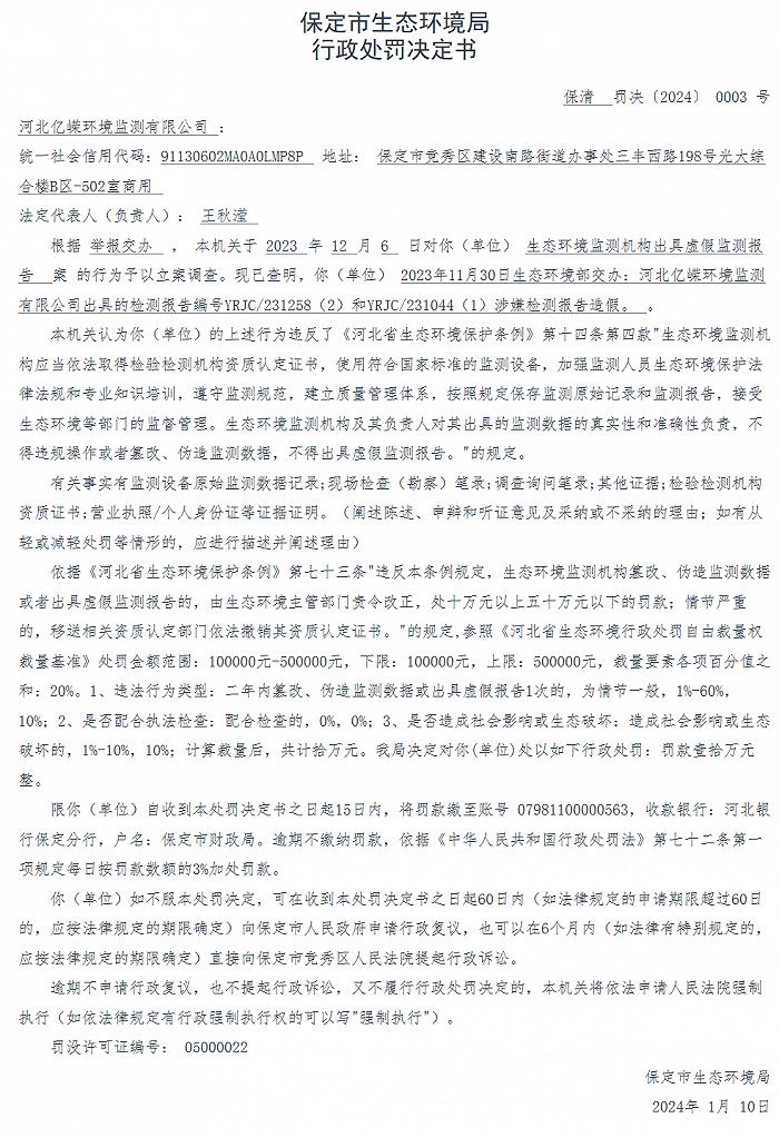 河北亿嵘环境监测有限公司检测报告造假被罚款100000元