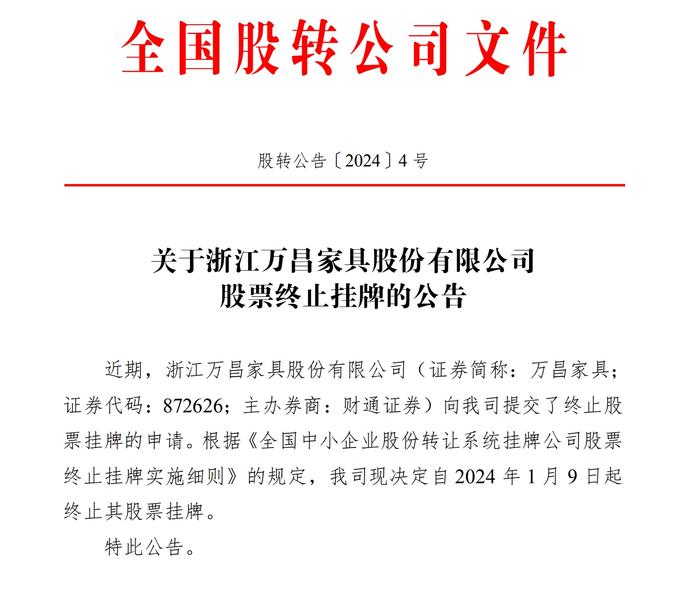 万昌家具终止在全国中小企业股份转让系统挂牌