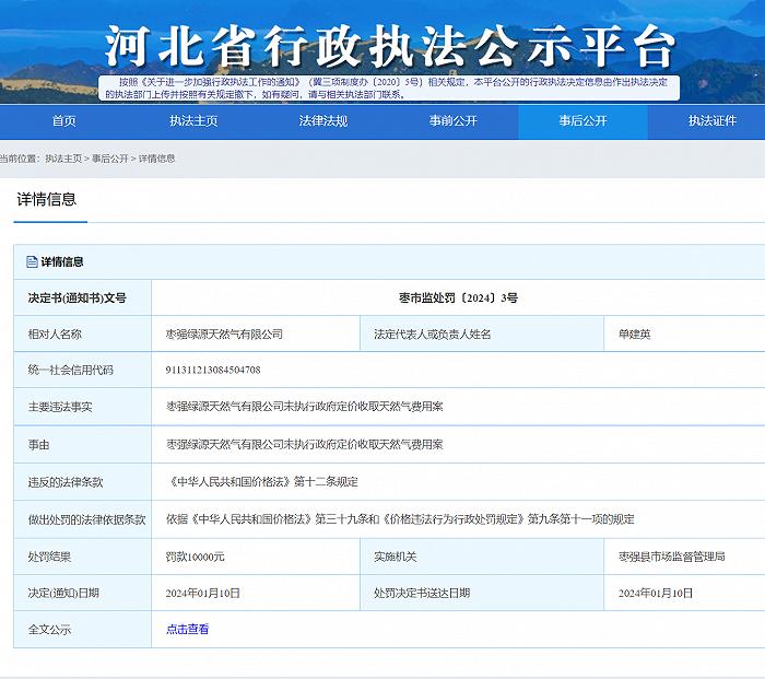 枣强绿源天然气有限公司未执行政府定价收取天然气费被罚1万元