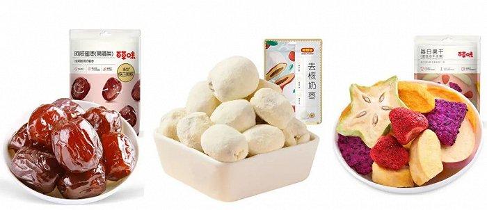 常见的果脯果干产品;图片来源:天猫@百草味旗舰店、天猫@松昊食品专营店