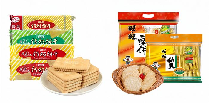 青食钙奶饼干、旺旺雪饼、旺旺仙贝;图片来源:天猫@青食旗舰店、天猫@旺旺食品旗舰店