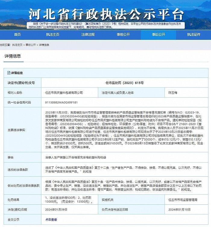 任丘市民庆塑料包装有限公司以不合格产品冒充合格产品被罚款13500元