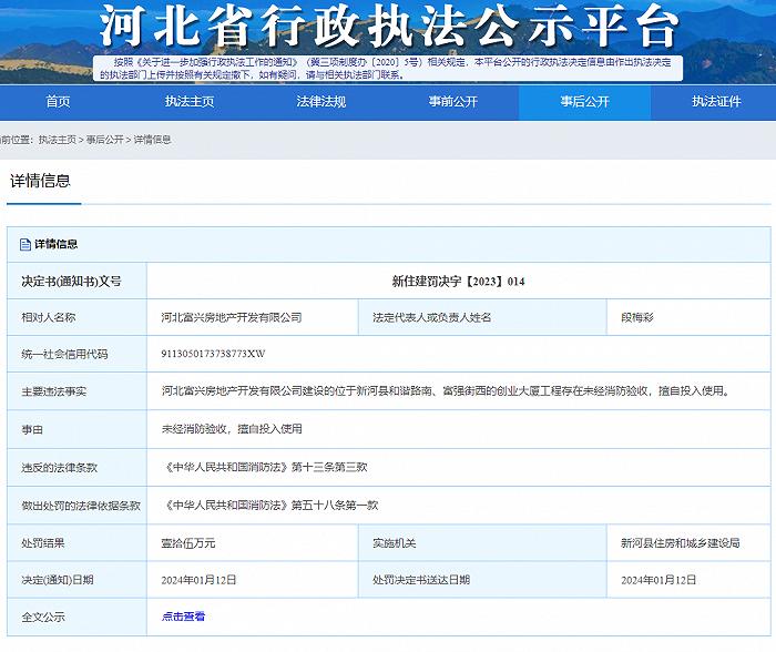 河北富兴房地产开发有限公司建设的工程未经消防验收被罚15万元