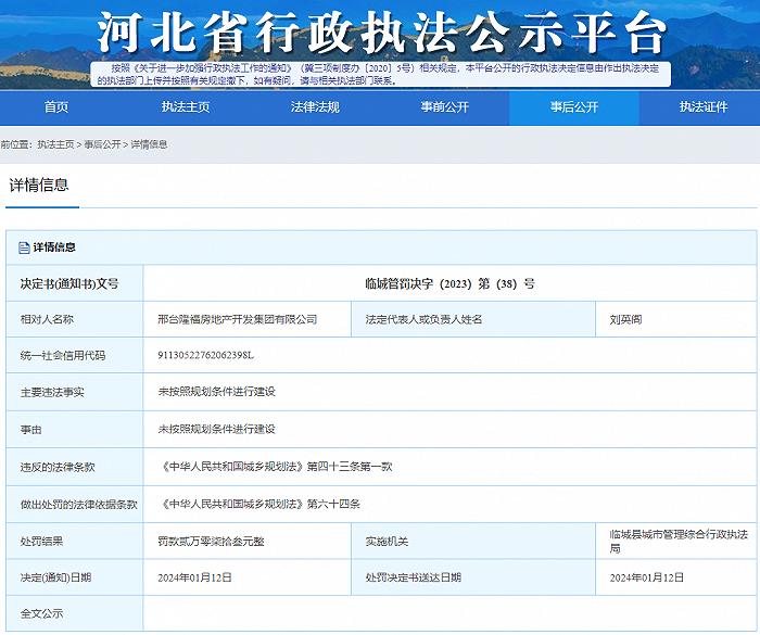 邢台隆福房地产开发集团有限公司未按规划条件进行建设被罚20073元