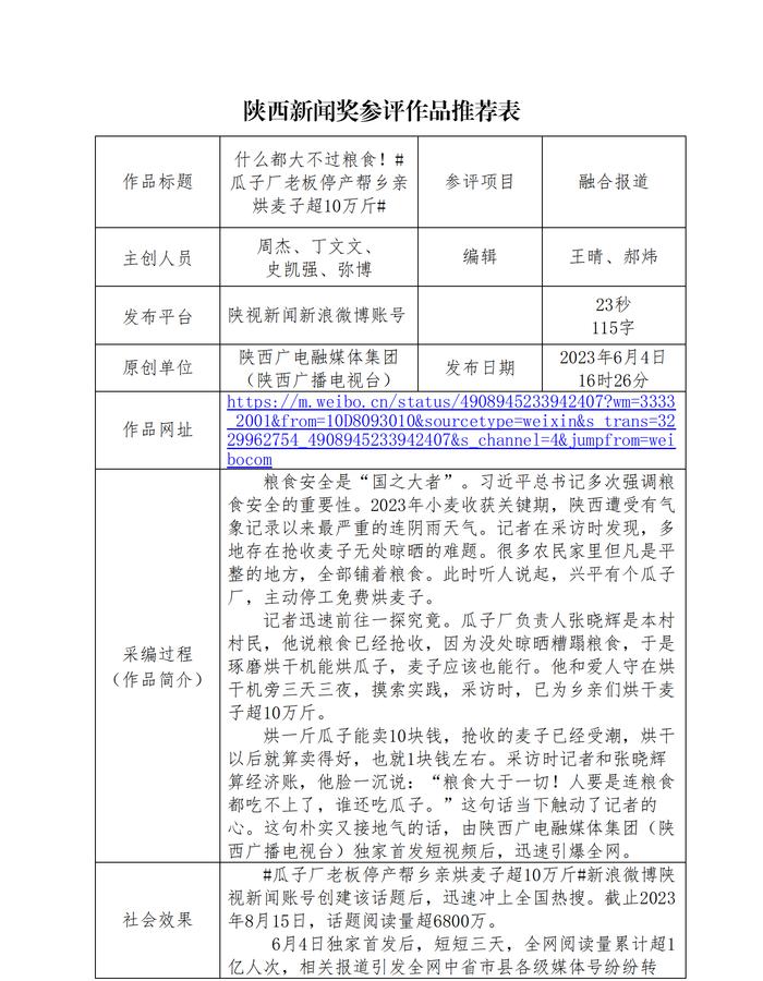 陕西广电融媒体集团（陕西广播电视台）报送2023年度陕西新闻奖新媒体专项初评作品公示