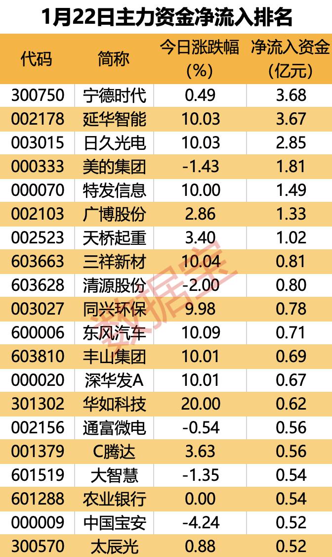 主力资金 | “宁王”获主力净买入，热门龙头股遭资金出逃