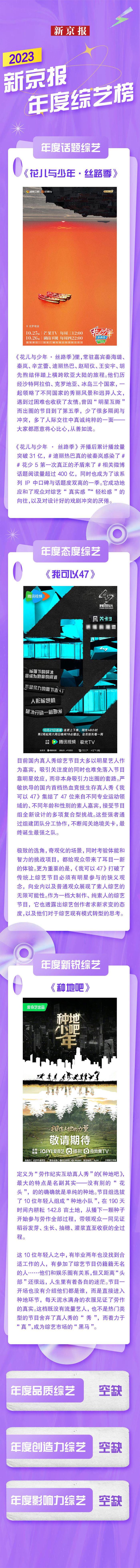 新京报2023年度综艺榜发布，《种地吧》获年度新锐综艺