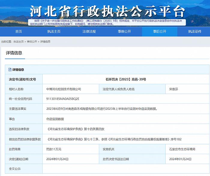 中博河北检测技术有限公司伪造数据罚款11万元