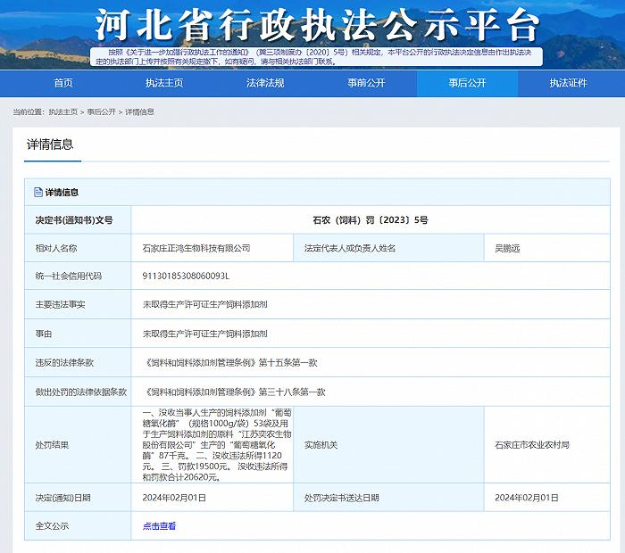 石家庄正鸿生物科技有限公司未取得证件生产产品罚款19500元