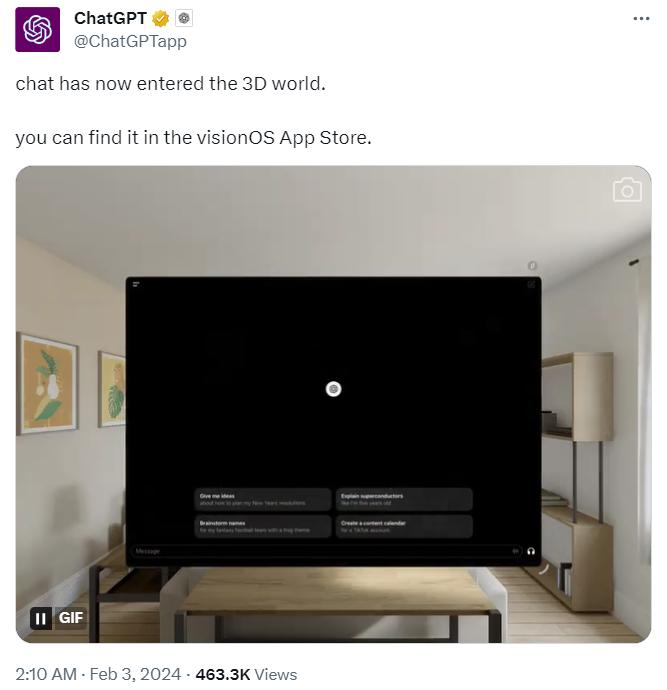 戴苹果头显跟GPT聊天，OpenAI也已推出Vision Pro适配应用