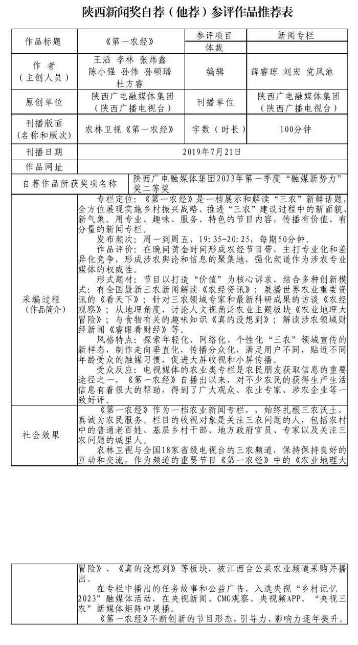 陕西广电融媒体集团（陕西广播电视台）关于2023年度陕西新闻奖自荐（他荐）参评作品的公示