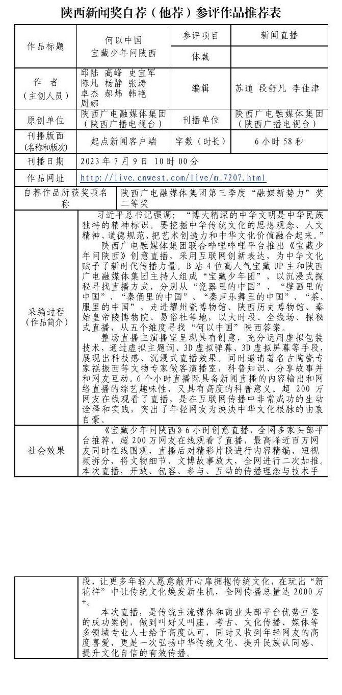 陕西广电融媒体集团（陕西广播电视台）关于2023年度陕西新闻奖自荐（他荐）参评作品的公示