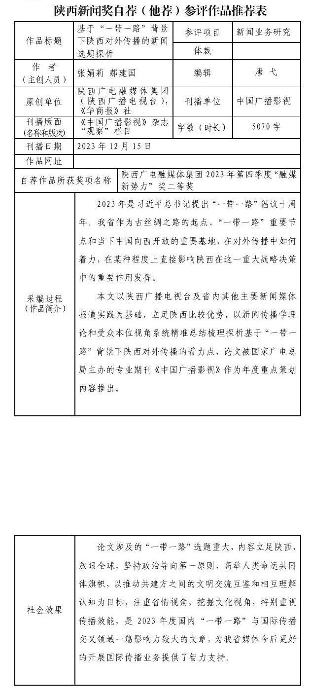 陕西广电融媒体集团（陕西广播电视台）关于2023年度陕西新闻奖自荐（他荐）参评作品的公示