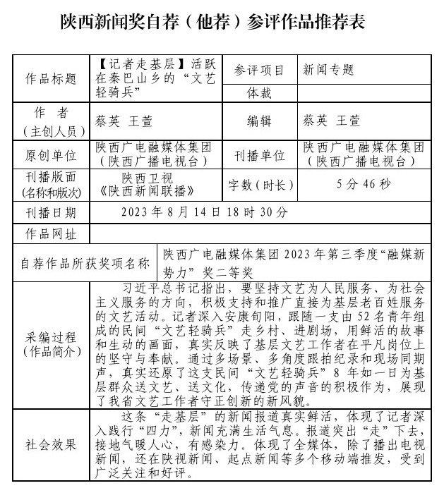 陕西广电融媒体集团（陕西广播电视台）关于2023年度陕西新闻奖自荐（他荐）参评作品的公示