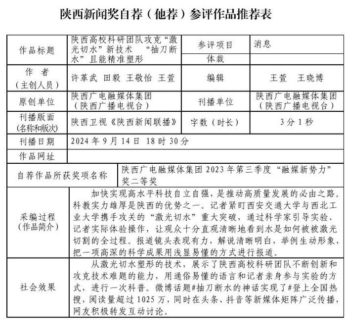 陕西广电融媒体集团（陕西广播电视台）关于2023年度陕西新闻奖自荐（他荐）参评作品的公示