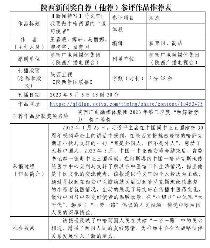 陕西广电融媒体集团（陕西广播电视台）关于2023年度陕西新闻奖自荐（他荐）参评作品的公示