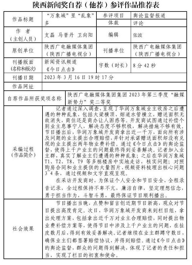 陕西广电融媒体集团（陕西广播电视台）关于2023年度陕西新闻奖自荐（他荐）参评作品的公示