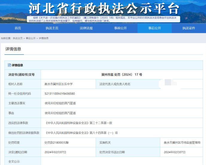 衡水市冀州区长乐中学使用未经检验的蒸汽管道被罚218000元