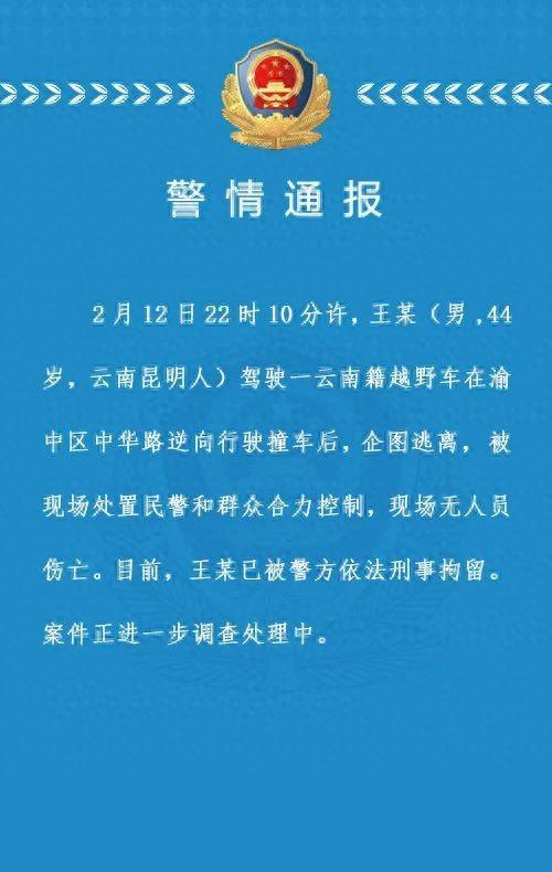 重庆渝中警方通报：昆明一男子驾车逆行撞车后企图逃离，已被刑拘