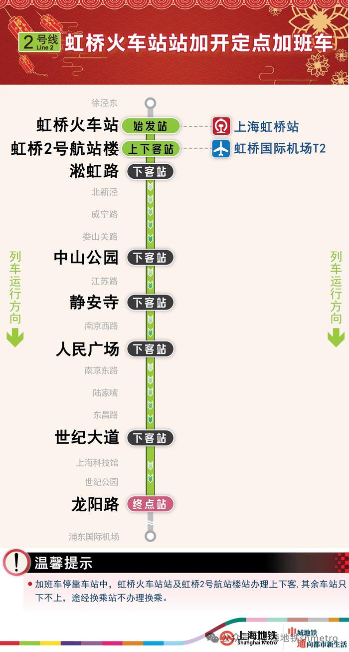 今晚，上海地铁2号线虹桥火车站加班车延长运营至15日00:20