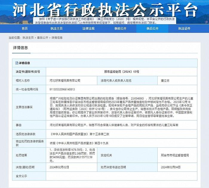 河北好莱福玩具有限公司生产、销售不合格产品被罚