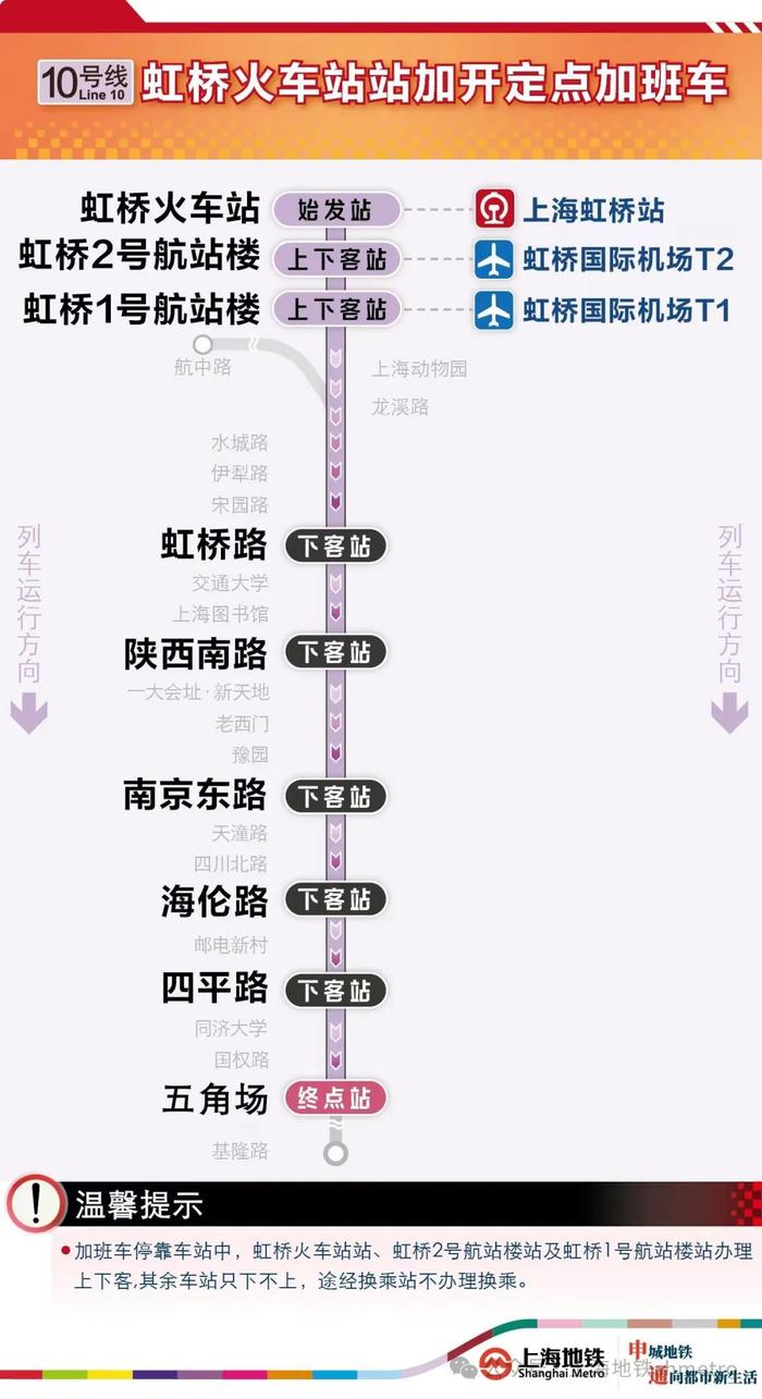 今天上海地铁加班车，虹桥火车站：10号线加开至23时30分，2号线加开至21日2时