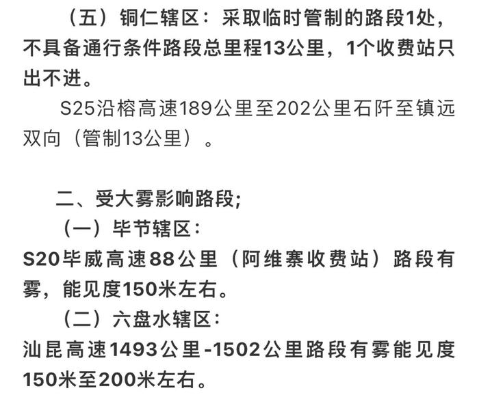 截至2月27日07时 贵州高速公路临时管制路况