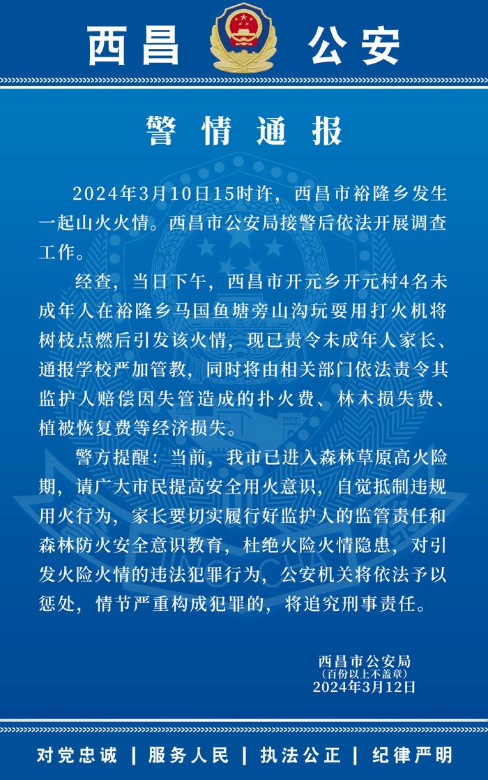 西昌裕隆乡4名未成年人玩耍引发火情，已责令监护人赔偿损失