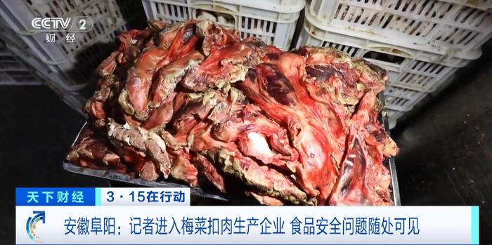 ▲劣质梅菜扣肉预制菜使用“槽头肉”。报道截图