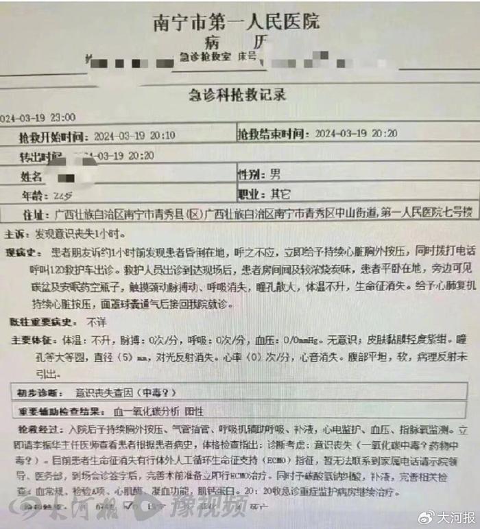 網傳的一份南寧市第一人民醫院急診科搶救記錄