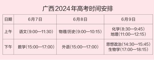 广西2024年普通高考时间为6月7日至9日 选择性考试科目由广西自主命题