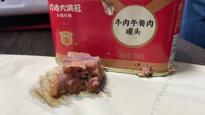 “叮咚买菜”买来的梅林午餐肉吃出大苍蝇，四个多月没说法