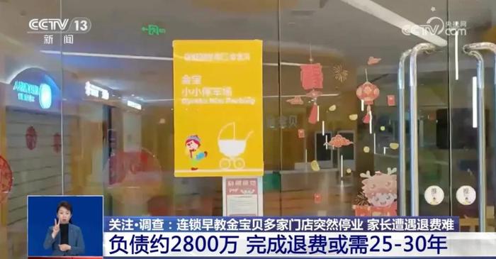 金宝贝早教机构突然闭店，退款竟要等30年？！