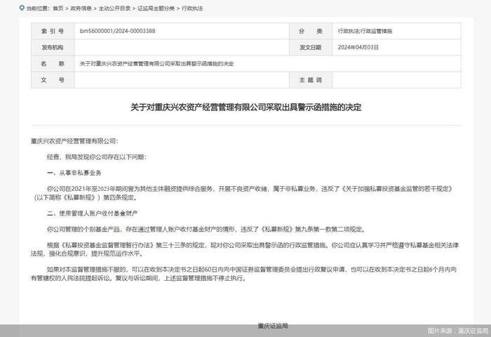 因执业过程中存在违规行为 重庆兴农资产收监管警示函