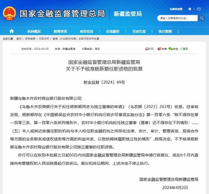 乌鲁木齐农商行一拟任独董被否 原因是存在利益冲突