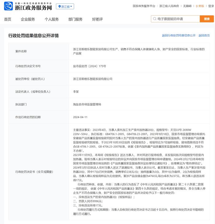 生产销售不合格室内加热器，浙江菲斯格乐智能家居有限公司被罚