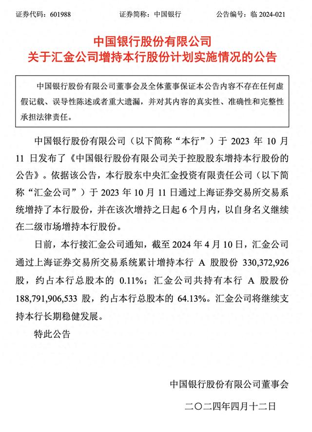 四大行集体公告汇金公司半年内增持A股实施情况 农业银行累计获增持4.01亿股