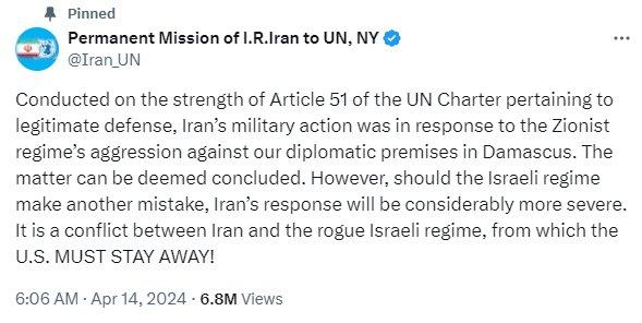 伊朗常驻联合国代表团称伊方“报复行动已结束”，警告以色列勿再犯错、美国不要插手