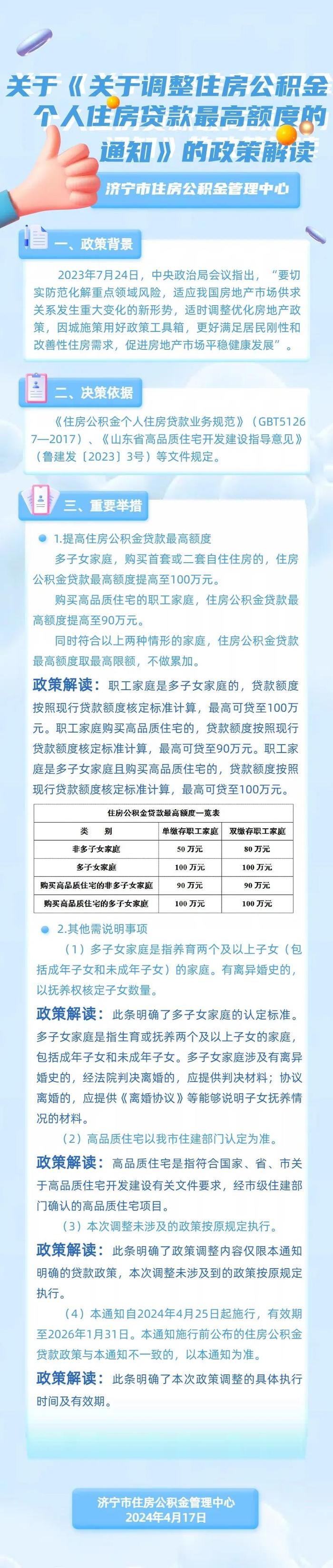 山东济宁：多子女家庭住房公积金贷款最高额度提至100万元