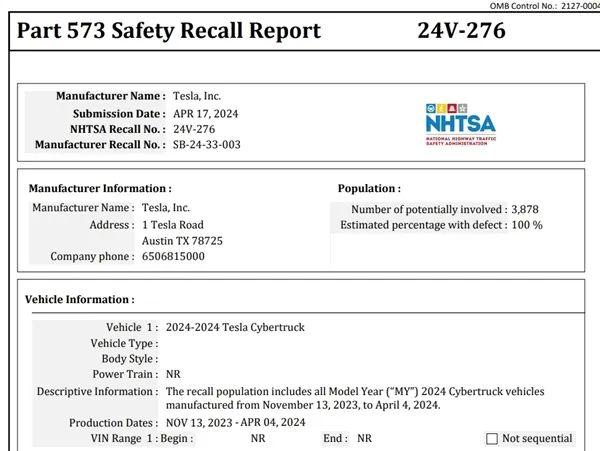 特斯拉召回近3900辆赛博皮卡