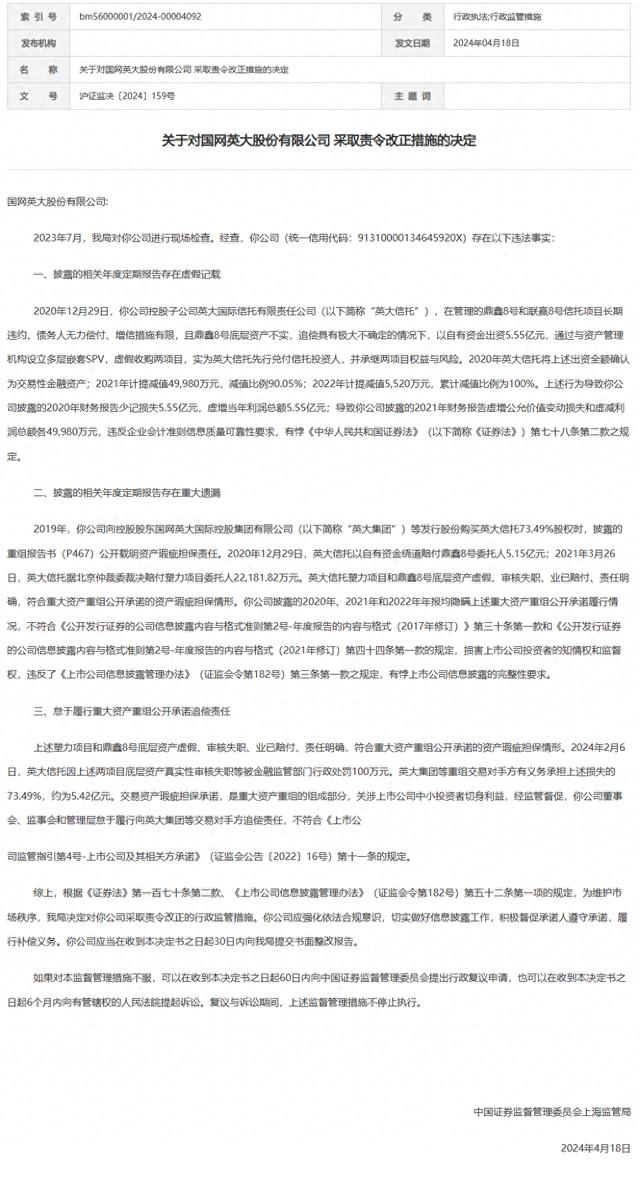 国网英大存在年报虚假记载等问题 上海证监局责令其改正