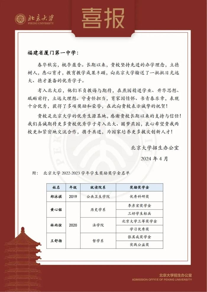 祝贺！北京大学向厦门一中发来喜报！