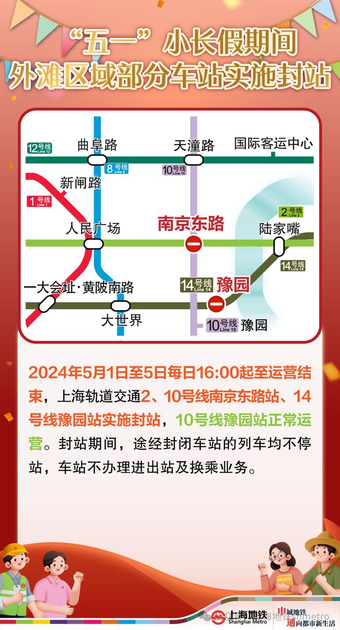 五一假期：2、10号线南京东路及14号线豫园封站，6条线延时运营到0点，最后2天2、17号线加开定点加班车