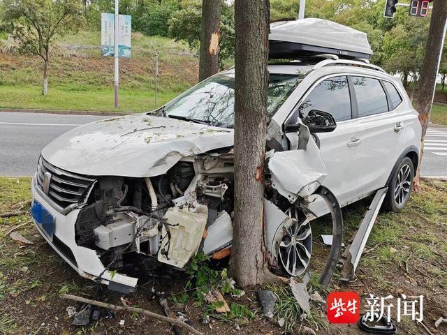 又是分心驾驶酿的祸！小轿车司机误闯红灯撞大树，树无恙车辆轮子却撞掉了