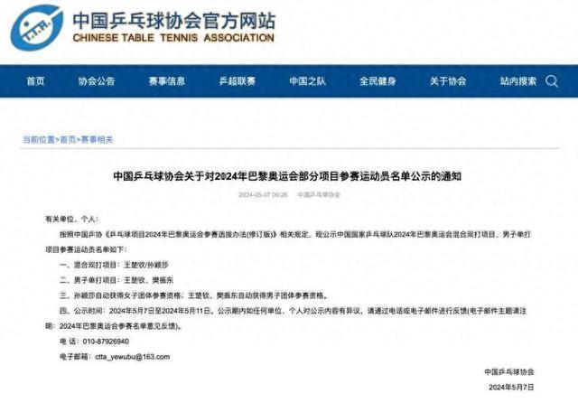 中国乒乓球协会公示王楚钦、孙颖莎、樊振东入选巴黎奥运参赛名单